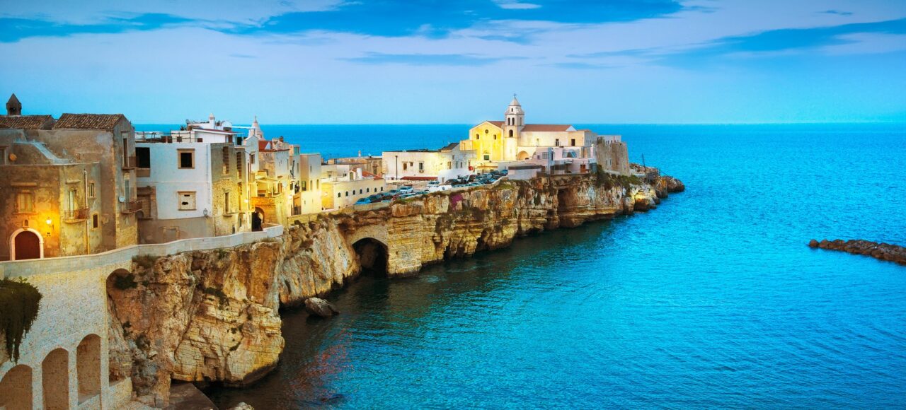 Vieste town on the rocks, Gargano, Apulia, Italy.